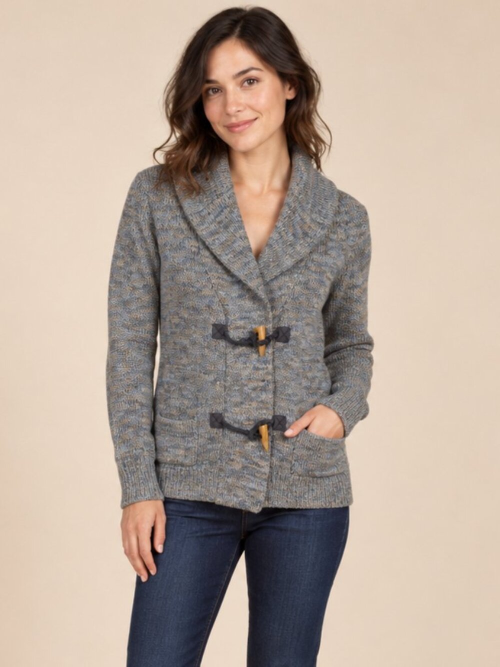 Margaret O’Leary Women’s XS Cotton Shawl Collar Toggle Sweater Marled Gray